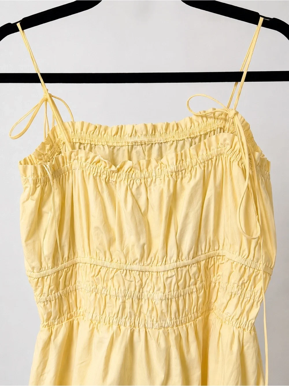 Mini Yellow Dress Ruched Tie Strap Smocked Sundress